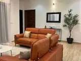 Le salon d'un appartement, canapés en cuir et décoration soignée