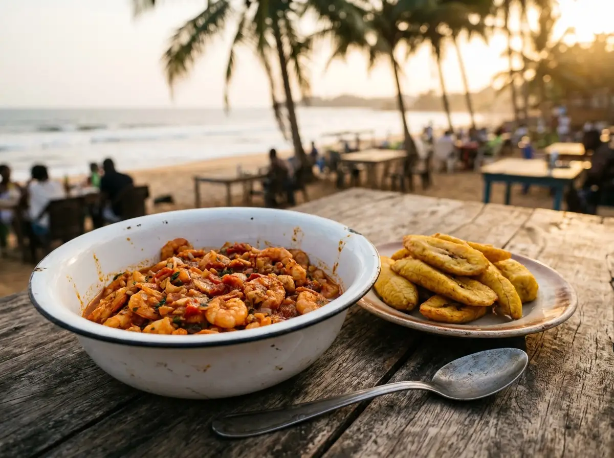 Des crevettes en sauce tomate pimentée, servies avec du plantain (Photo illustrative)