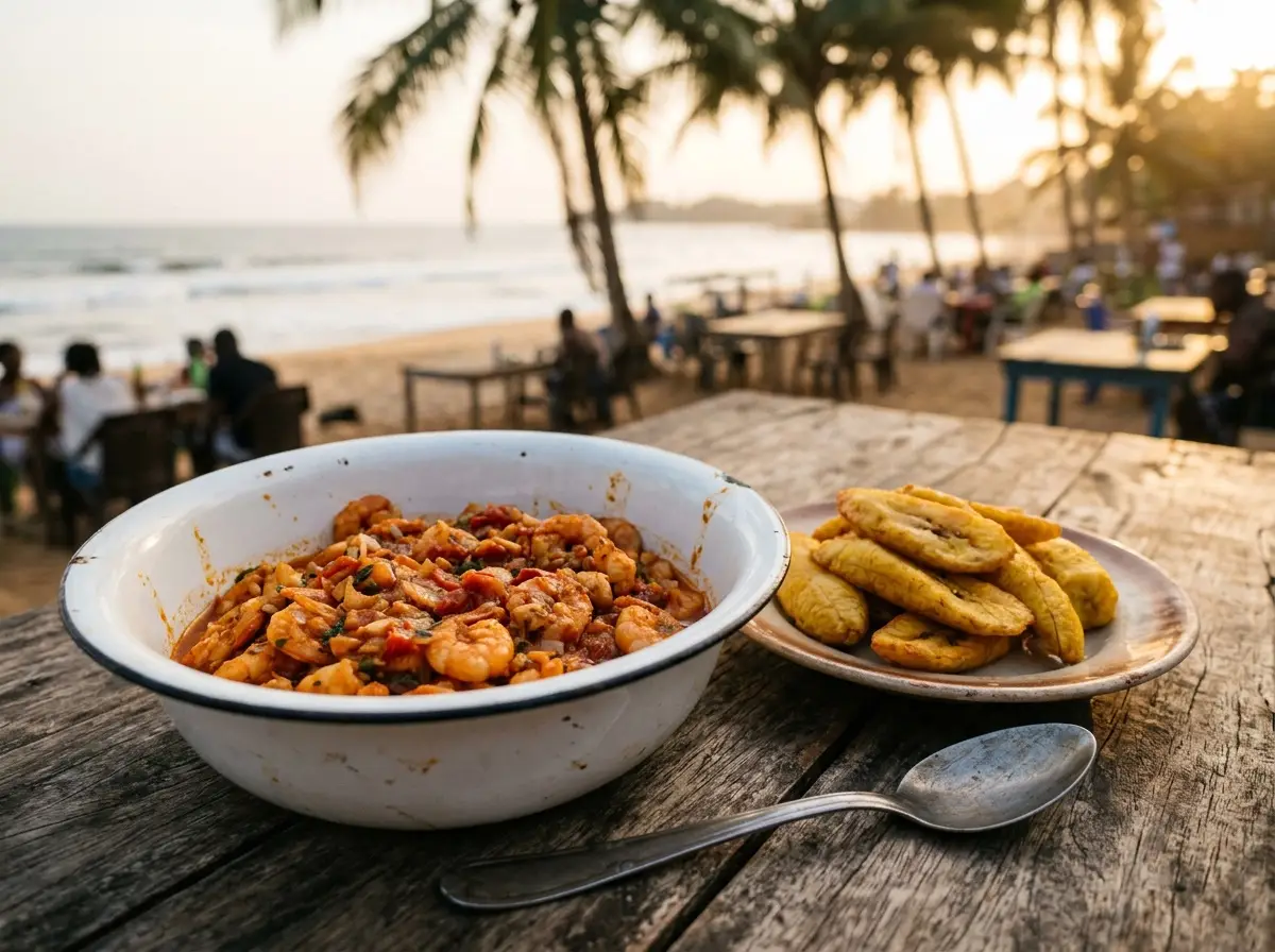 Des crevettes en sauce tomate pimentée, servies avec du plantain (Photo illustrative)
