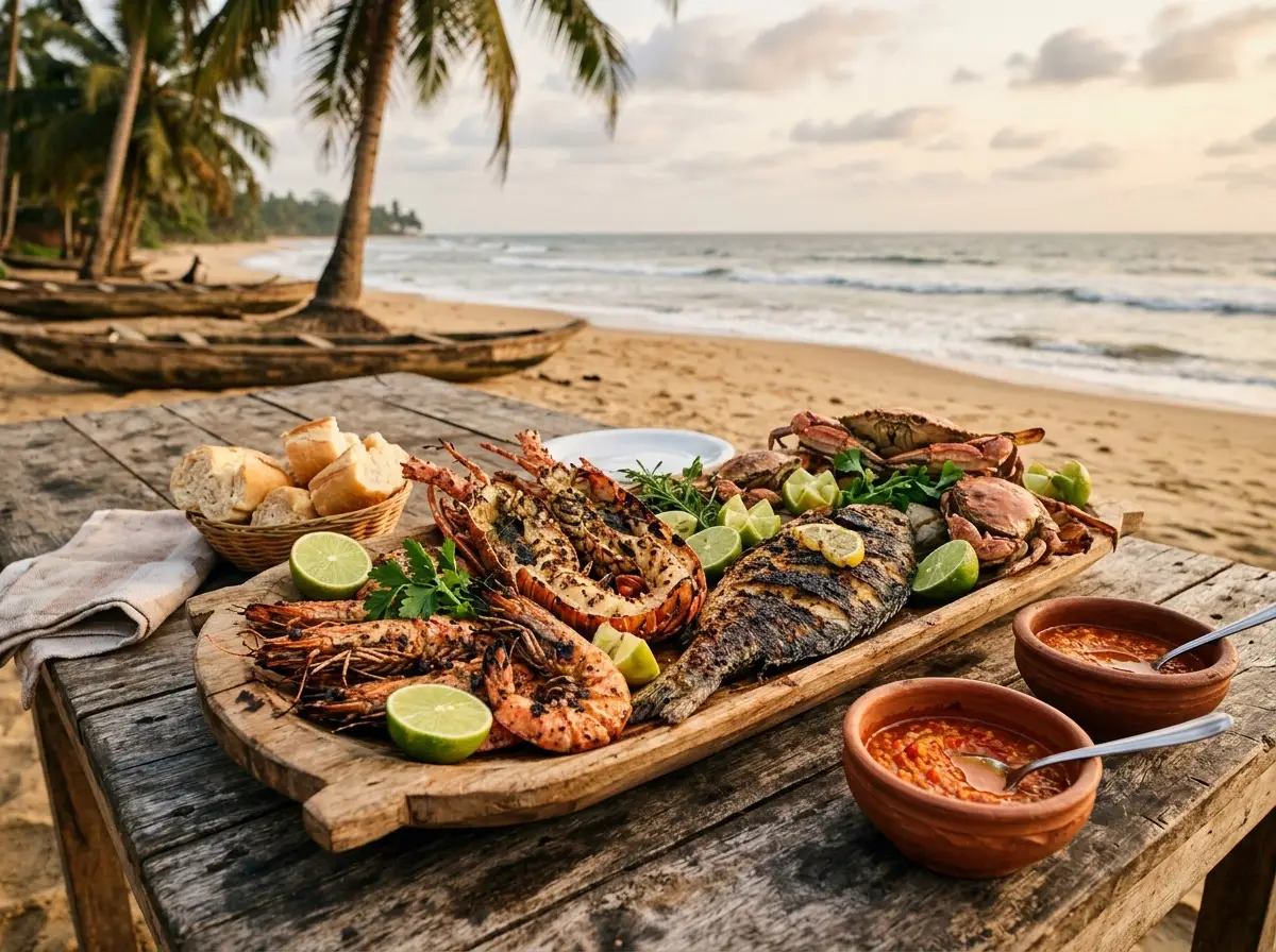 Un plateau de fruits de mer grillés à partager, sur une table de plage
