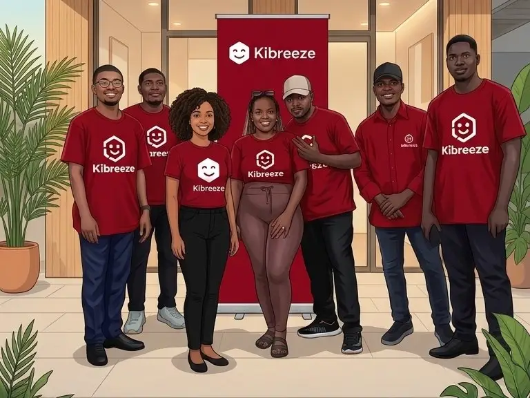 Illustration de l’équipe Kibreeze en t-shirts rouges, devant un kakémono Kibreeze