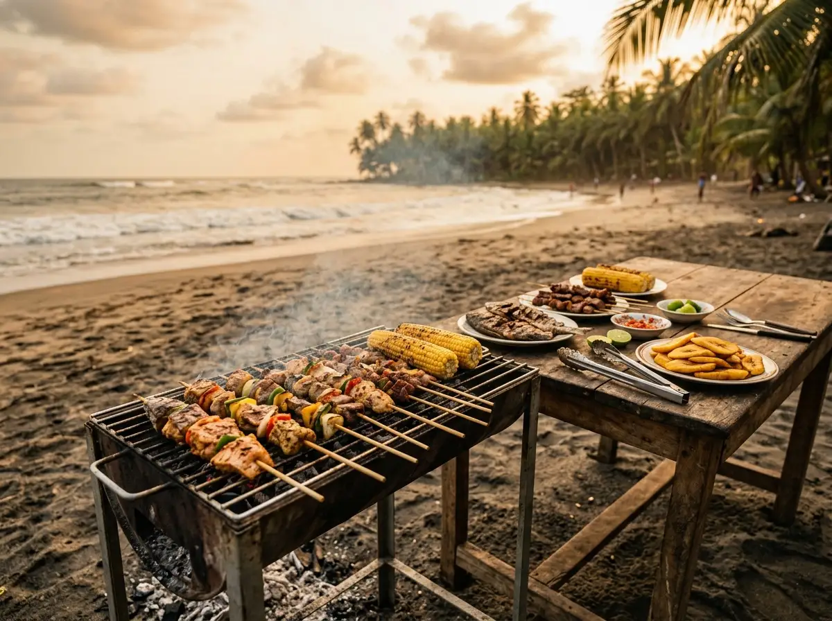 Un barbecue sur le sable : brochettes de poisson et de viande, épis de maïs (Photo illustrative)