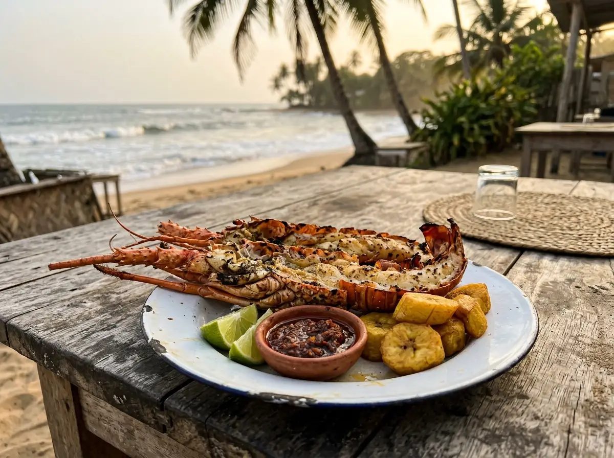 Une langouste grillée, servie avec du plantain et une sauce pimentée (Photo illustrative)