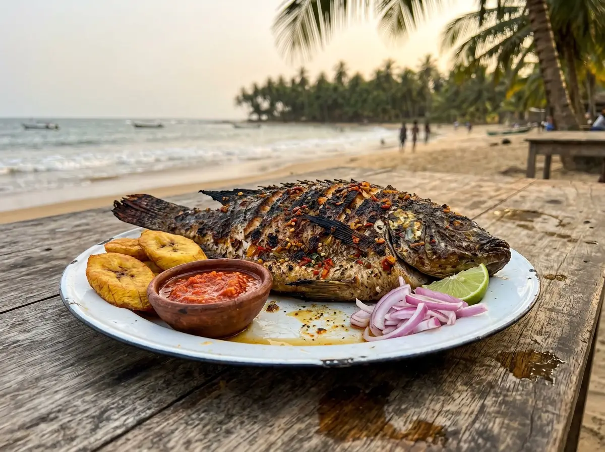 Un poisson entier braisé, servi avec du plantain et une sauce pimentée (Photo illustrative)