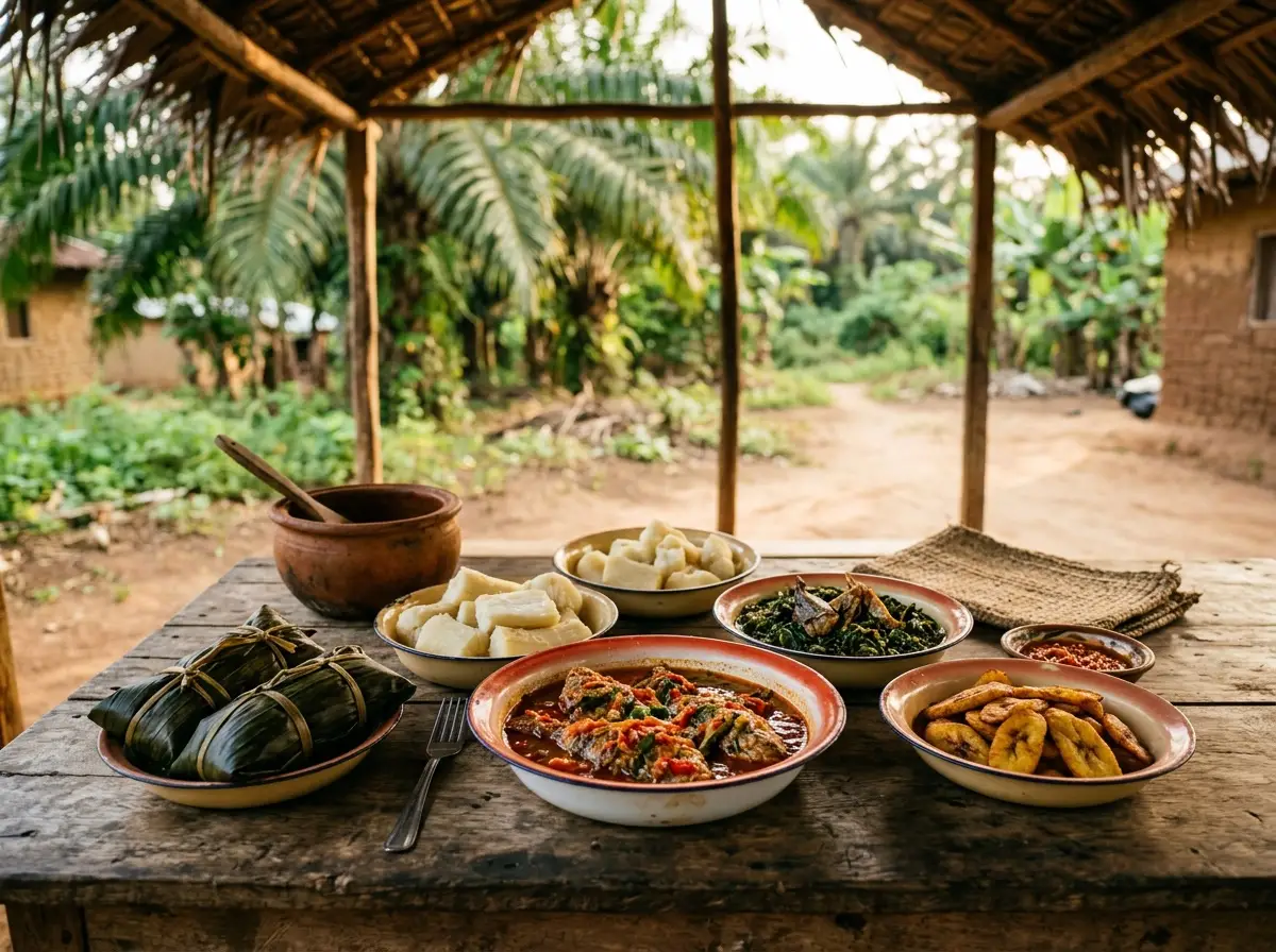Un repas camerounais servi sous une paillote : poisson en sauce, légumes, manioc et plantain (Photo illustrative)